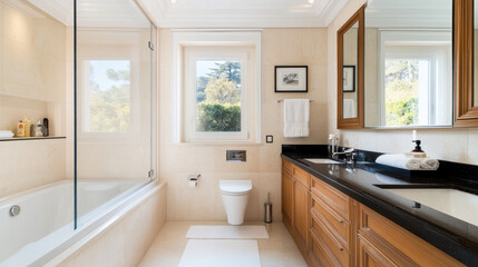 Fototapeta premium Large comfort Luxury Bathroom with Shower, Toilet and black accent