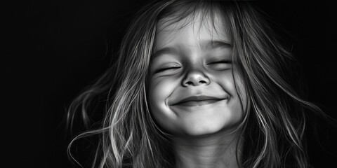 Black and white image of a joyful child with long hair, showcasing a happy child embracing the moment. This happy child radiates positivity and warmth in the black and white photo.
