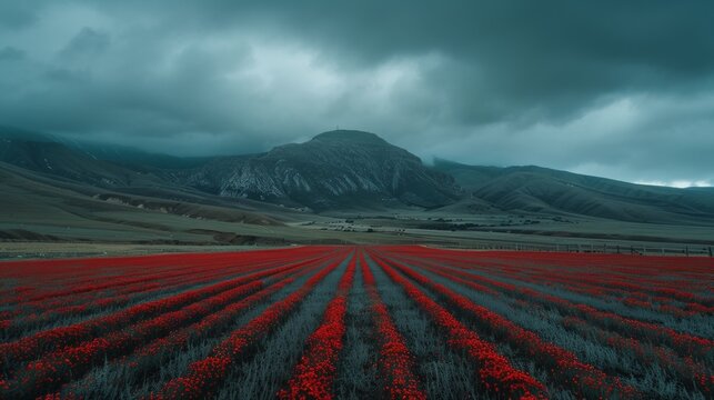 Vibrant poppy field with anzac day banner  honoring historic war memories and remembrance