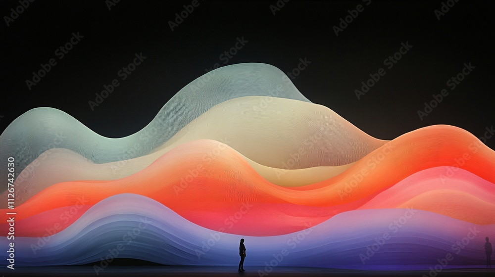Poster abstract digital art creation with waves of color and light, representing emotions and nature, ideal