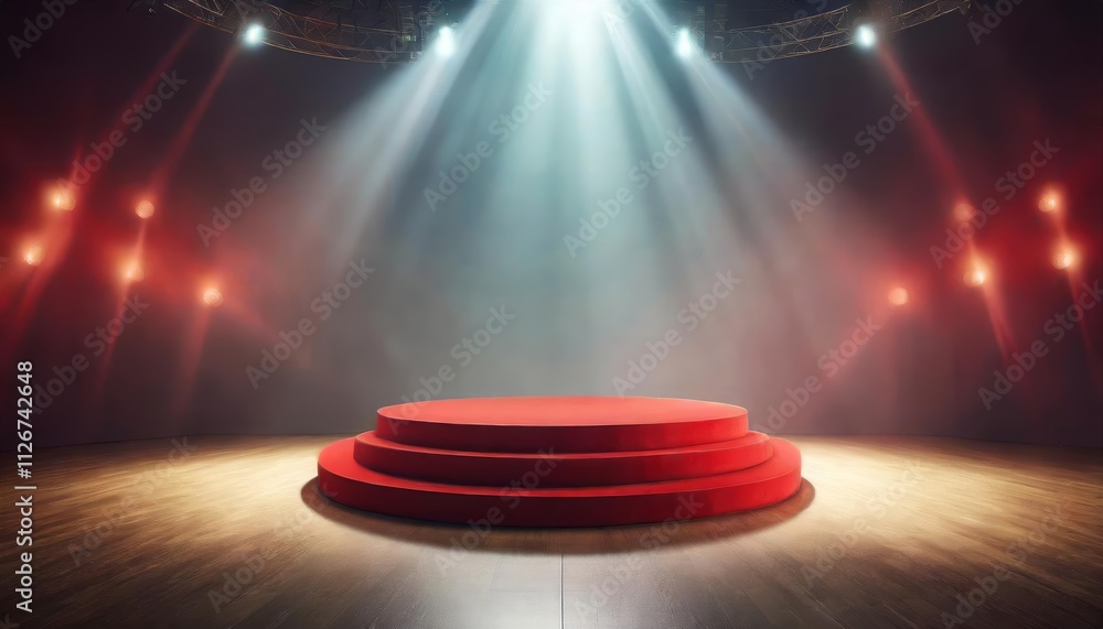 Poster empty theater stage illuminated by spotlights with a red round podium awaiting performance