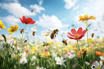 Fototapeta premium Colorful flowers attract busy bees in a vibrant field during sunny daylight
