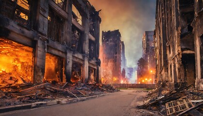 Obraz premium Echoes of Desolation A Haunting Journey Through the Ashen Remnants of a OnceVibrant Downtown Witness the Aftermath of Catastrophe in This Gripping Apocalyptic Tale