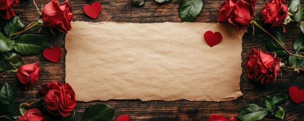 Beautiful Arrangement of Red Roses and Hearts Surrounding a Vintage Paper Background for Romantic Occasions