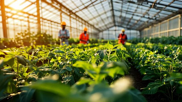 Big greenhouse background, modern agriculture. People grow lush green plants, healthy growth. Workers tending crops. Sustainable farming practices beauty of nature. Harvest care. Lots of tomato bushes