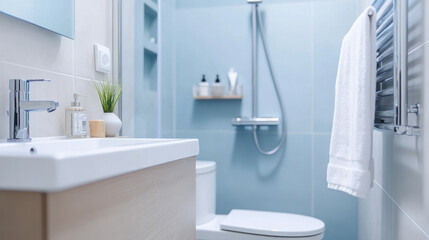 Large comfort Luxury Bathroom with Shower, Toilet and blue accent