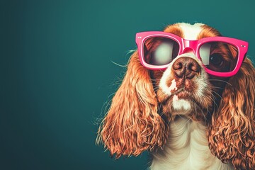 A stylishly dressed Spaniel dog with accessories. A pet portrait showcasing clothing. Dog fashion. Post-processed using generative AI.