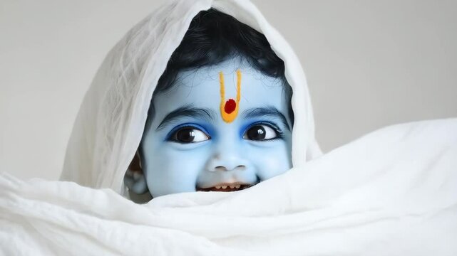 Cute little smiling baby Krishna with blue skin on light background. Birthday of Krishna, eighth avatar of Vishnu. Shree Krishna Janmashtami or Gokulashtami. Indian religious festival