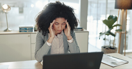 Stress, headache and businesswoman in office with laptop for stock market crash with finance loss....