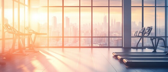 Fototapeta premium Modern Gym with City View: Sunrise Treadmills Workout
