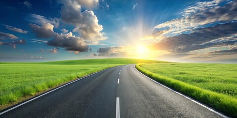 Asphalt road curving through a vibrant green field under a dramatic sunset sky