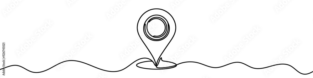 Poster minimalist design of a location pin seamlessly connected to a wavy line, symbolizing location tracki