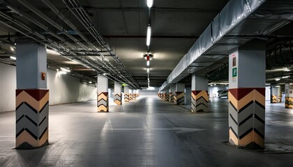 Spacious and empty underground parking lot background featuring ample copy space for text or graphics, ideal for promotional materials, presentations, or design projects requiring 