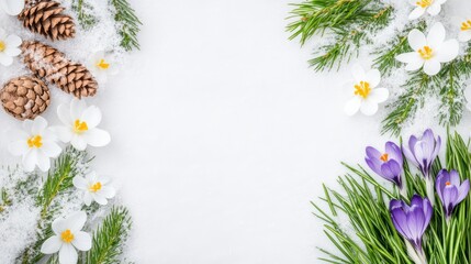 Transition from Winter to Spring with Snow, Pinecones, Grass, and Blooming Flowers