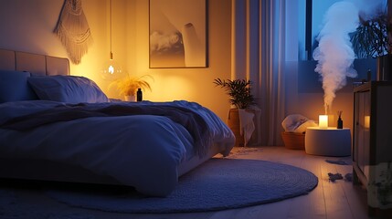 A peaceful bedroom with soft lighting, an inviting bed, and a calming diffuser, creating the perfect space for a restful night’s sleep as part of a self-care routine 