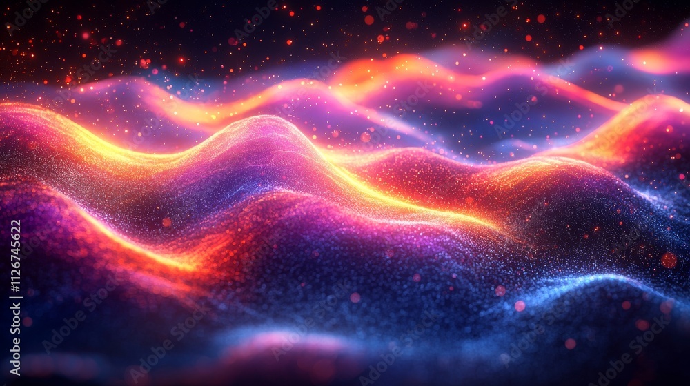 Aufkleber 3d rendering of an abstract background featuring vibrant neon wavy lines that glow in the dark, desi