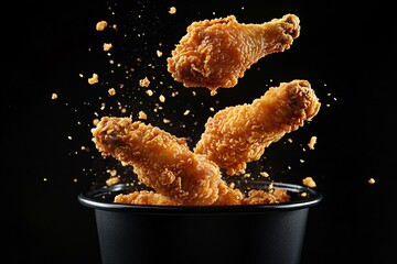 Crispy fried chicken pieces in motion, dropping into a bucket with golden perfection