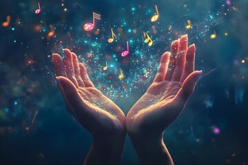 Floating music notes gently hovering above a pair of open hands