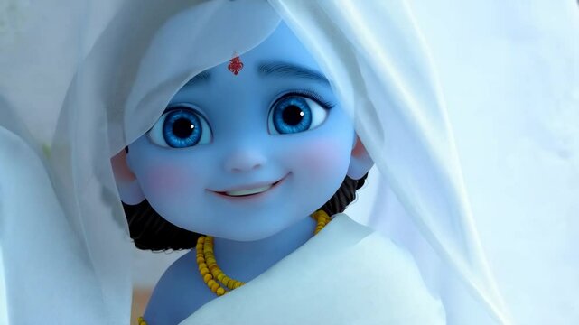 Cute little smiling baby Krishna with blue skin on light background. Birthday of Krishna, eighth avatar of Vishnu. Shree Krishna Janmashtami or Gokulashtami. Indian religious festival