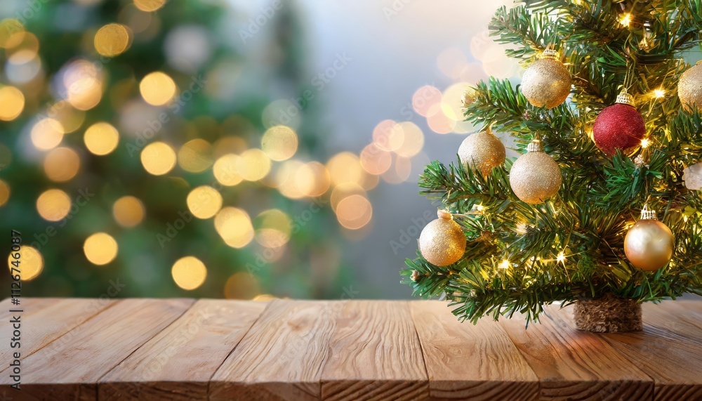 Aufkleber an empty wooden table adorned with a beautifully decorated christmas tree, featuring a soft bokeh ba