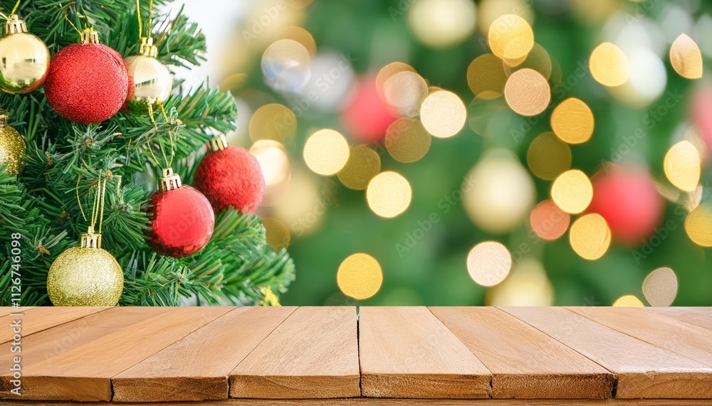 Poster empty wooden table with a beautiful christmas tree in the background, enhanced by a soft bokeh effec