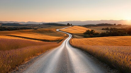 Winding road journey through lavender fields at sunset in tuscany