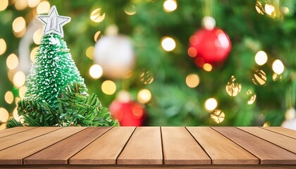 Charming Empty Wooden Table with a Festive Christmas Tree and Beautiful Bokeh Background, Perfect for Holiday Decor and Seasonal Celebrations, Evoking Warmth and Joy