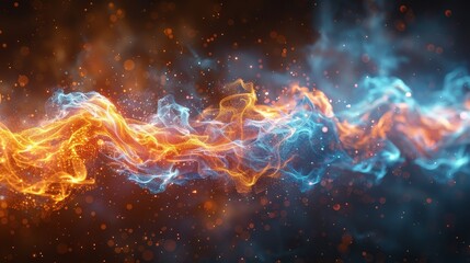 Naklejka premium Abstract Flowing Energy Swirling Waves of Orange and Blue Light in Motion on a Dark Background
