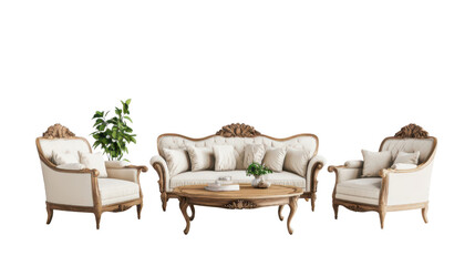 Luxurious vintage sofa set with elegant wooden details and plush cushions, perfect for stylish living room. arrangement includes coffee table and decorative plant