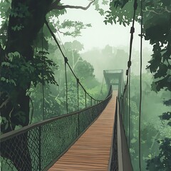 Obraz premium A Misty Suspension Bridge Leading Through a Lush Rainforest Canopy.