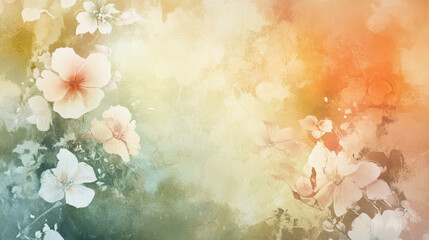 Soft watercolor florals in pastel tones, subtly scattered across a pale grayish-white background,