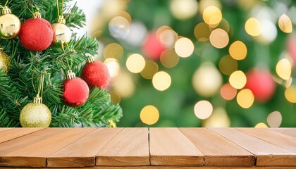 Empty Wooden Table with a Beautiful Christmas Tree in the Background, Enhanced by a Soft Bokeh Effect, Perfect for Holiday Decor and Festive Gatherings