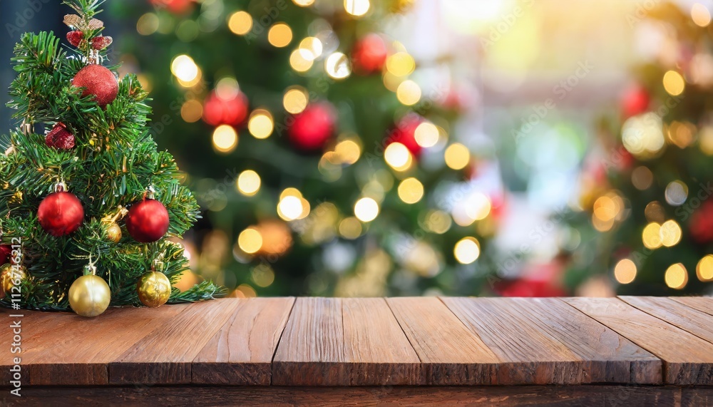Aufkleber empty wooden table with christmas tree and bokeh background a serene holiday scene captured in for f