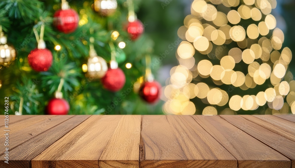 Poster empty wooden table with christmas tree and bokeh background a serene holiday scene captured in