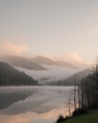Fototapeta premium Foggy Valley with Morning Light and Reflective Lake