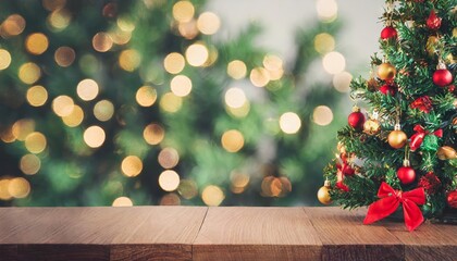 A Serene Empty Wooden Table with a Beautifully Decorated Christmas Tree and Magical Bokeh Background, Perfect for Holiday Gatherings and Festive Celebrations