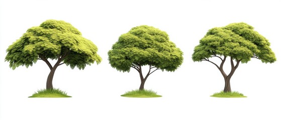 Fototapeta premium Three Lush Green Trees Isolated on White Background, Perfect for Nature Designs