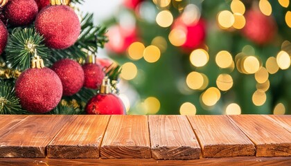 Empty Wooden Table with Christmas Tree and Bokeh Background A Cozy Holiday Setting for Festive Gatherings and Celebrations