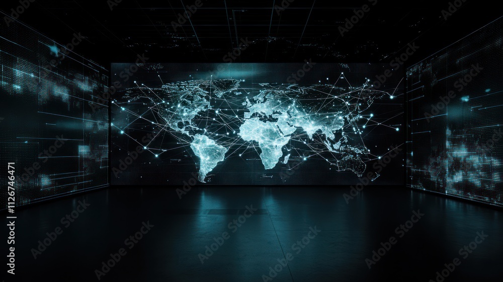Poster a dark room with a massive digital map of global connectivity floating in midair