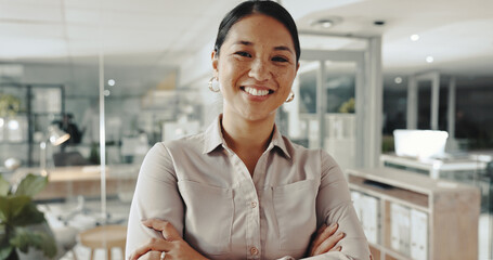 Smile, employee and portrait of woman with arms crossed for professional, pride and entrepreneur in...