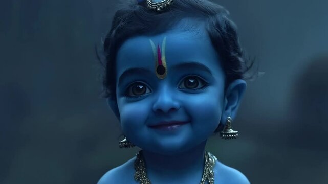 Cute little smiling baby Krishna with blue skin on dark background. Birthday of Krishna, eighth avatar of Vishnu. Shree Krishna Janmashtami or Gokulashtami. Indian religious festival