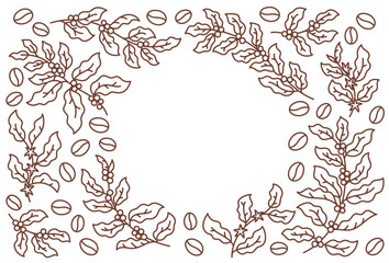 Coffee frame. Leaves with beans. Coffea design elements. Editable outline stroke. Vector line.