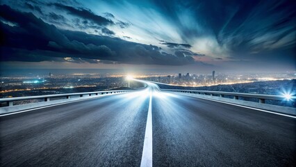 Asphalt Road Leading to a Night City Skyline under Dramatic Clouds