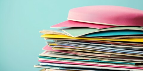 70s nostalgia trend concept. Stack of colorful papers with a pink hat on top against a soft blue background, creating a vibrant and artistic composition.