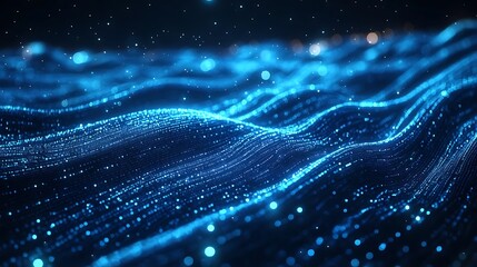 Luminous Blue Particle Waves: A 3D Render of Abstract Data Flow. AI Generated