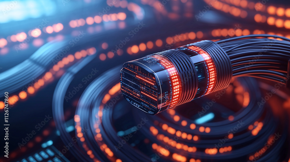 Poster abstract data cables illuminated with vibrant lights in server room create futuristic atmosphere. in