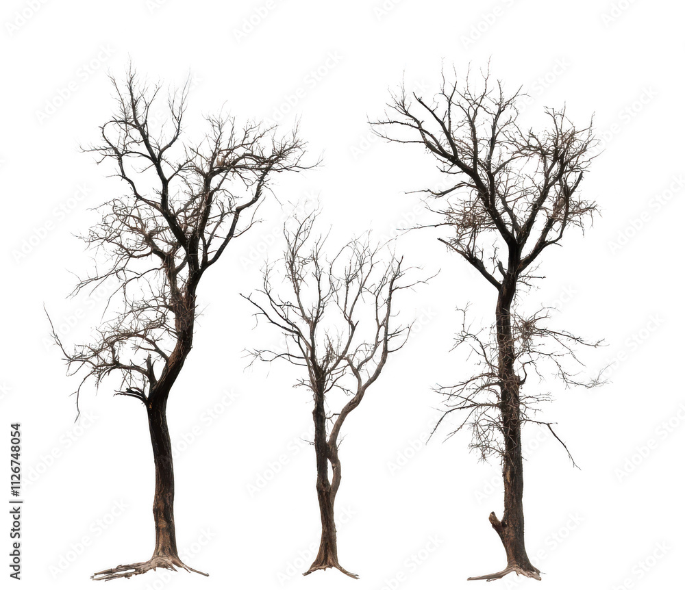 Poster dead trees with intricate branches and frost covered surfaces, showcasing stark winter landscape. tr
