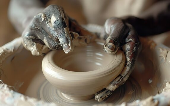 Closeup of ordinary black hands making simple clay product on potter's wheel. Subtle hobby in tranquil atmosphere. Peaceful leisure. Crafted, artisanal, imperfect, organic, irregular texture