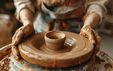 Fototapeta premium Closeup of ordinary hands making simple clay product on potter's wheel. Subtle hobby in tranquil atmosphere. Peaceful leisure. Crafted, artisanal, imperfect, organic, irregular texture