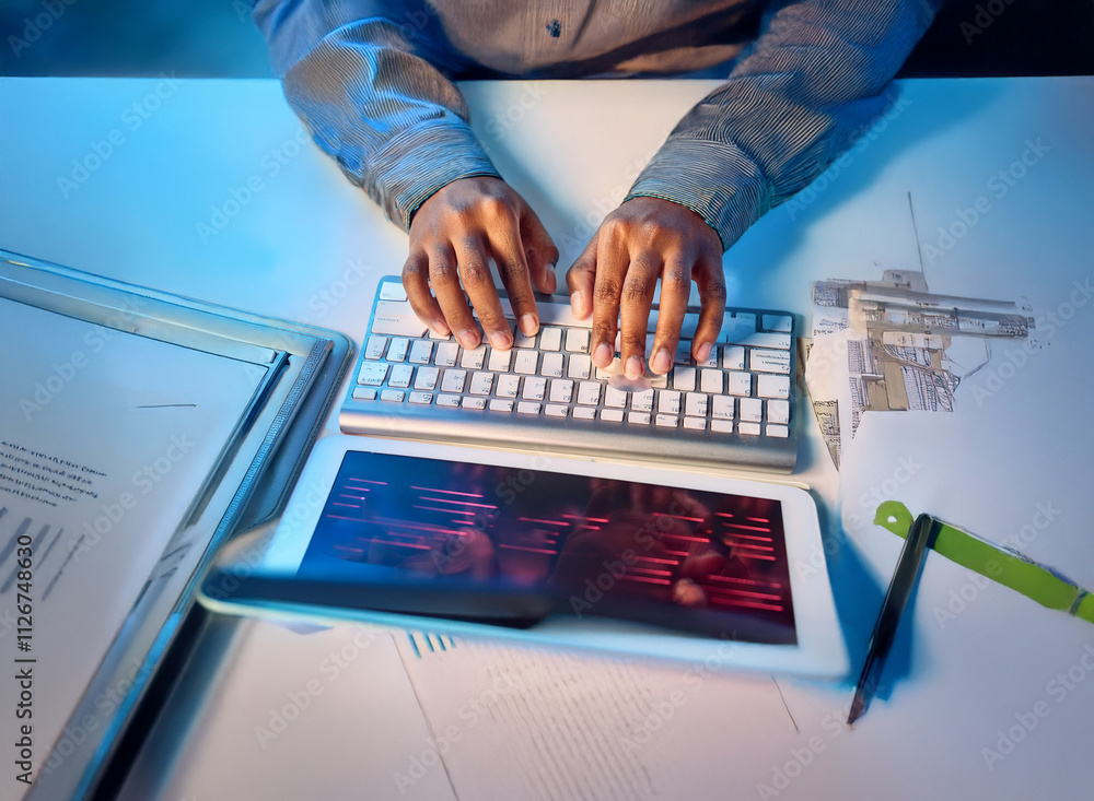 Aufkleber Overhead view of person's hands typing on a compact keyboard, illuminated by blue light. A tablet displaying code sits nearby, along with paperwork and writing tools.  Suggests late-night work or a te